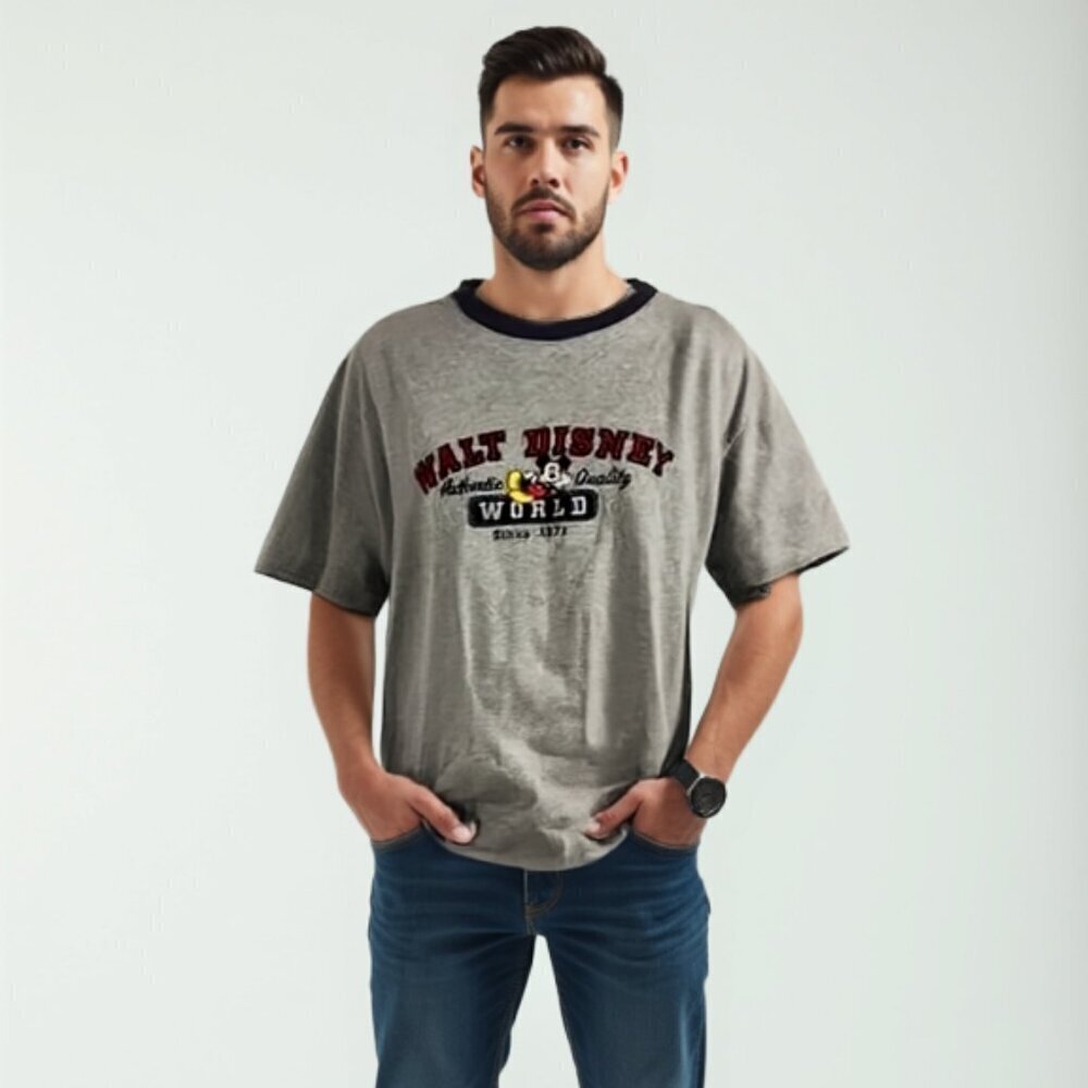 Walt Disney World Mickey Mouse Ringer Tee Gray Blue Men's Large🤎